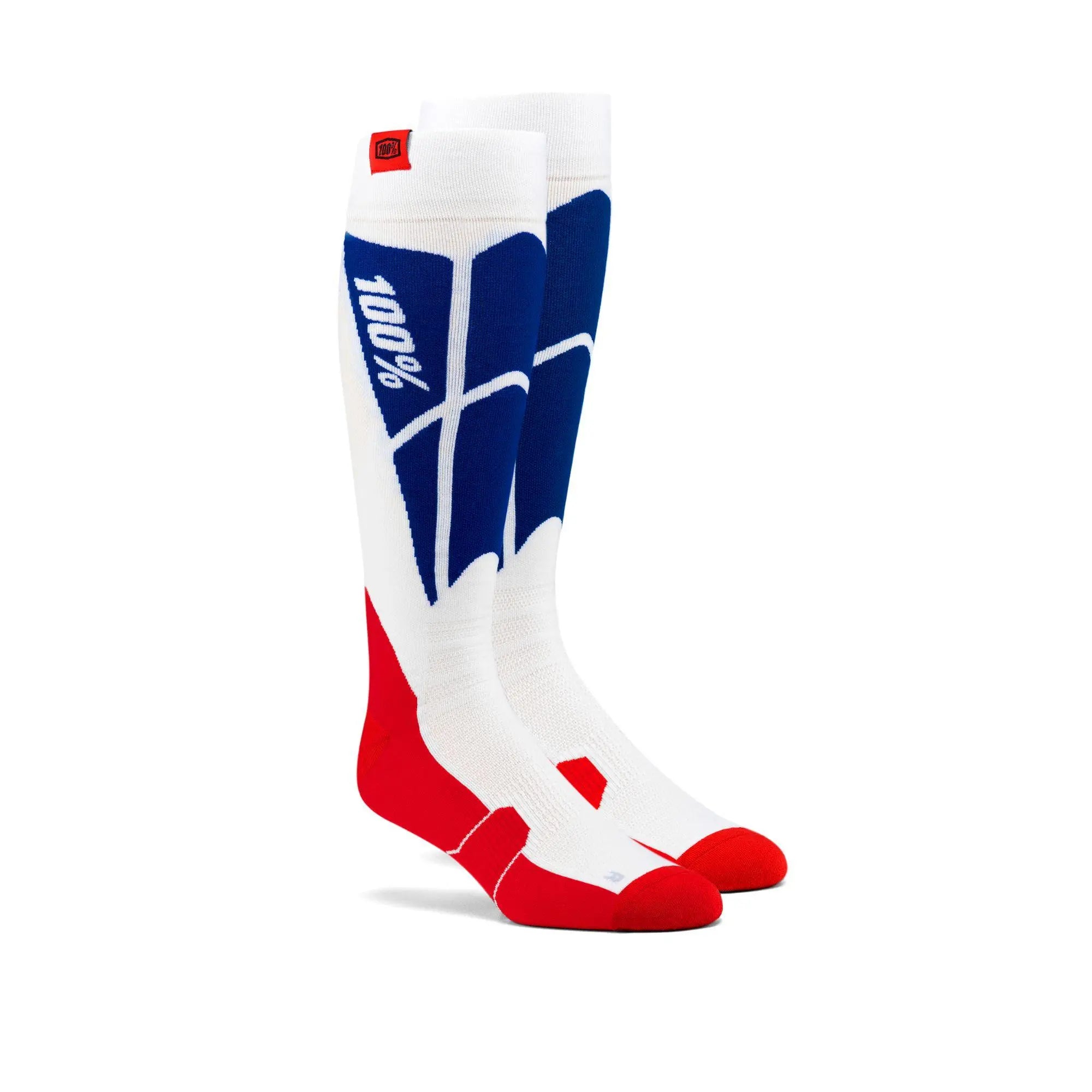 100% Hi Side Performance Moto Socks White / Blue - FREE UK Shipping, FREE 365 Day Returns | Moto Central