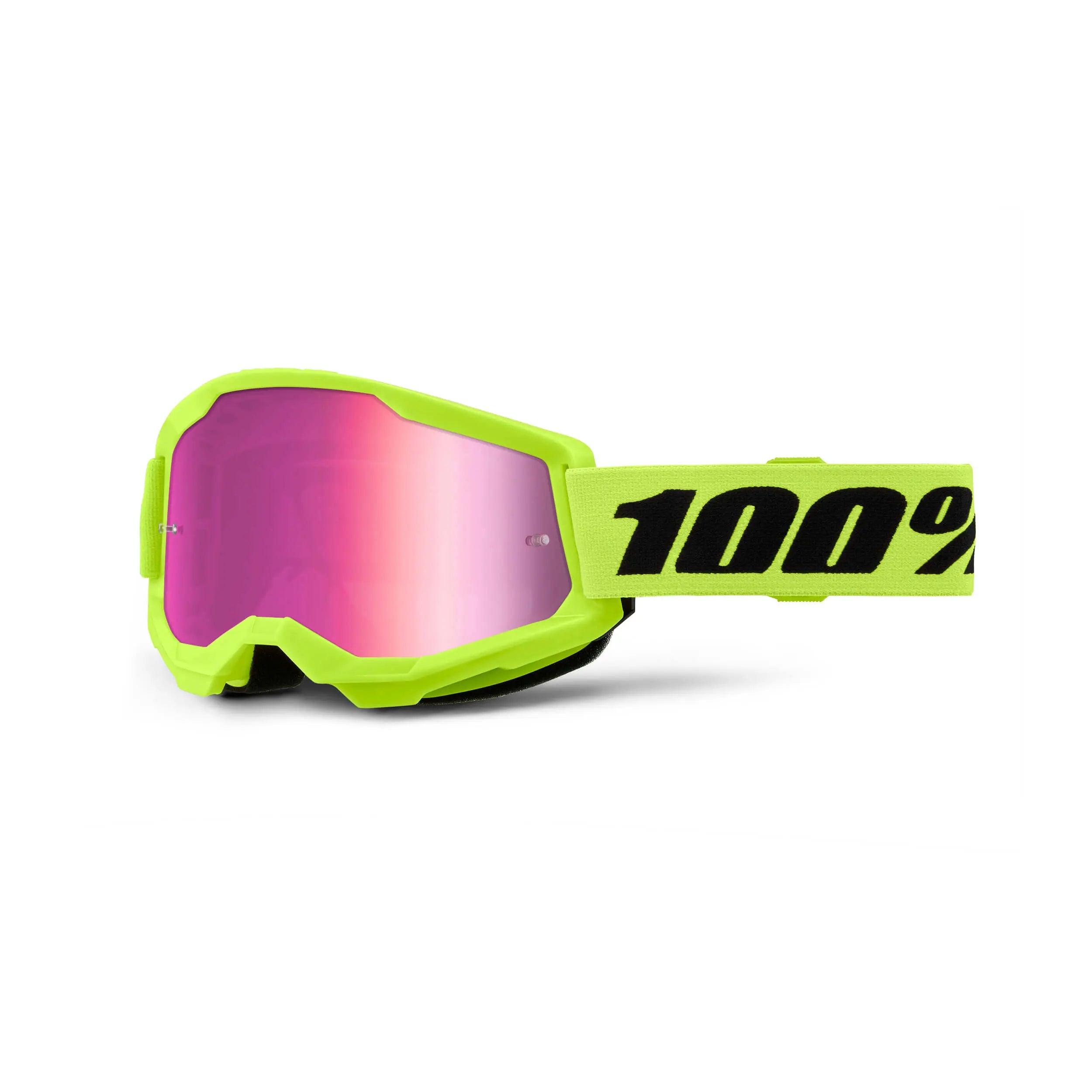 100% Strata 2 Goggles Neon Yellow / Pink Mirror Lens - FREE UK Shipping, FREE 365 Day Returns | Moto Central