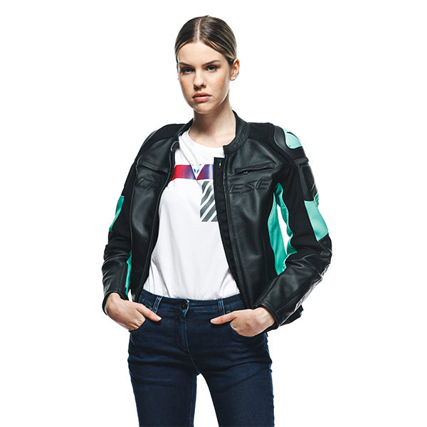 Dainese Racing 4 Ladies Leather Jacket Black / Aqua Green