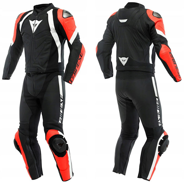 Dainese Avro 4 Two Piece Leather Suit Matt Black / Fluo Red / White