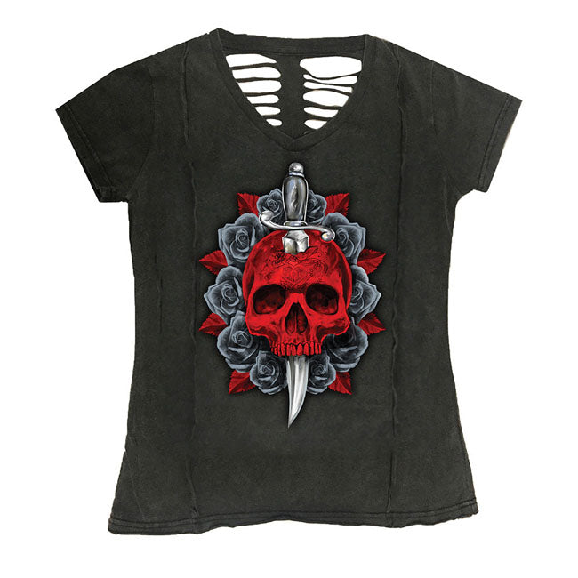 Lethal Threat Angel Red Dagger Ladies T-Shirt Dark Grey