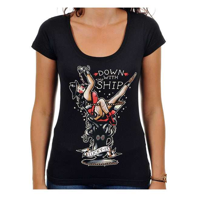 Lucky 13 Down With The Ship Ladies T-Shirt Black