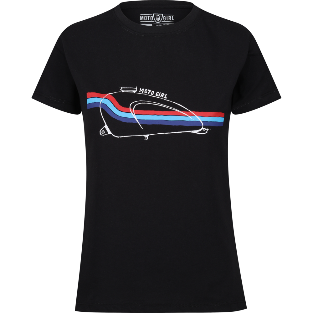 MotoGirl Moto Tank Ladies T-Shirt Black / Blue Stripe