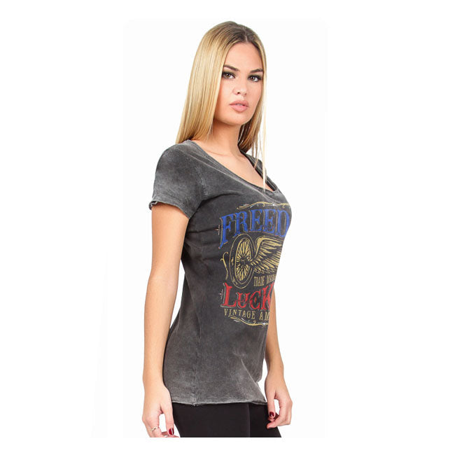 Lucky 13 Freedom Wheel Ladies T-Shirt Washed Grey