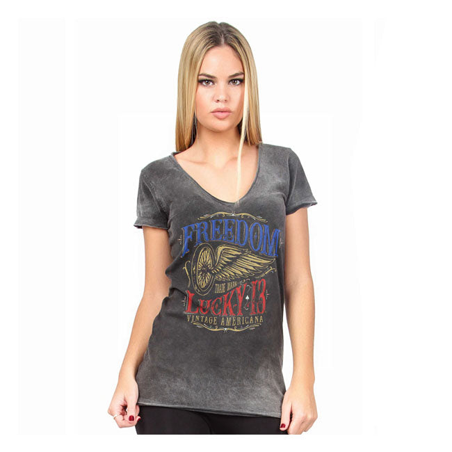 Lucky 13 Freedom Wheel Ladies T-Shirt Washed Grey