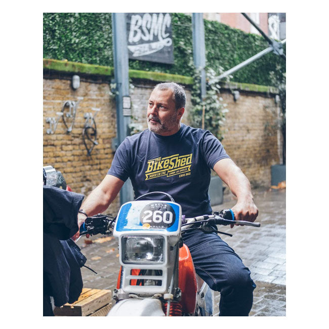 Bike Shed Steps T-Shirt Navy - FREE UK Shipping, FREE 365 Day Returns | Moto Central