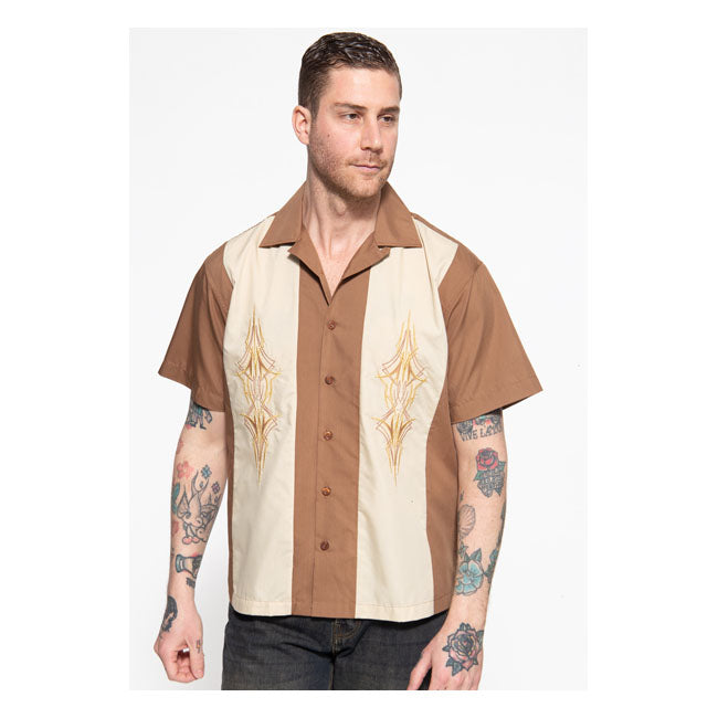 King Kerosin Pinstripes Cocktail Shirt Brown / Beige  - FREE UK Delivery - Moto Central