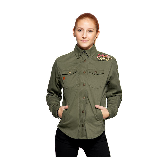 King Kerosin Queen Kerosin Spread Your Wings Adventure Gear Ladies Shirt Olive - FREE UK Shipping, FREE 365 Day Returns | Moto Central