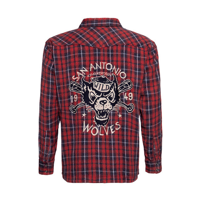 King Kerosin Wolves Checkered Shirt Red / Blue  - FREE UK Delivery - Moto Central