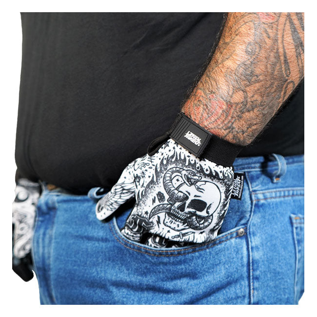 Lethal Threat Tattoo Gloves Black White - FREE UK Shipping, FREE 365 Day Returns | Moto Central