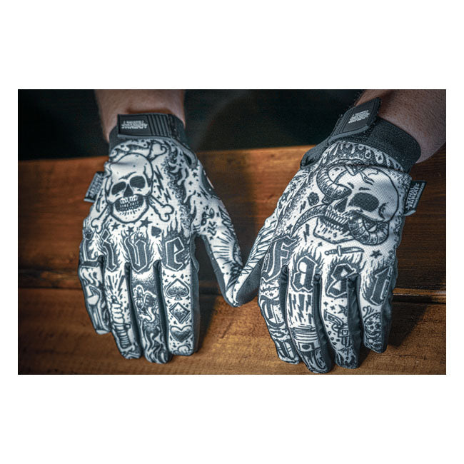 Lethal Threat Tattoo Gloves Black White - FREE UK Shipping, FREE 365 Day Returns | Moto Central