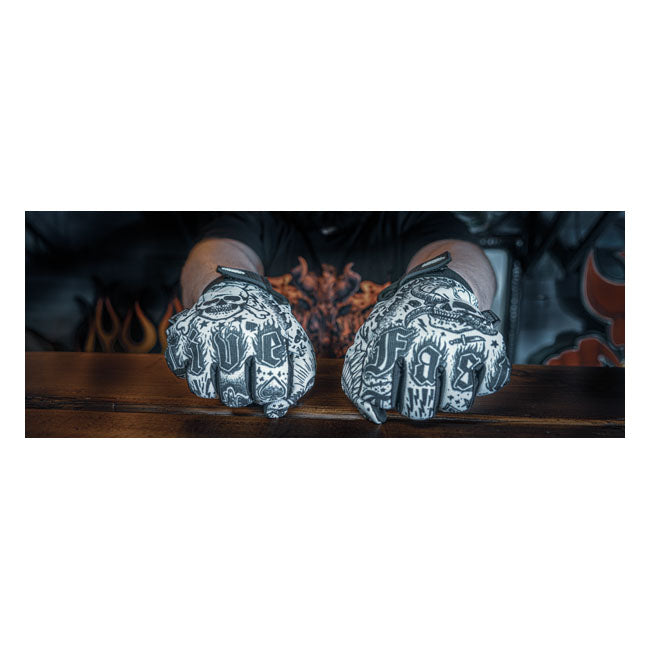 Lethal Threat Tattoo Gloves Black White - FREE UK Shipping, FREE 365 Day Returns | Moto Central