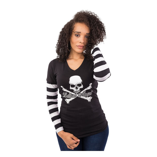 Lethal Threat Angel Bones 'N Stripes Ladies Shirt Black White