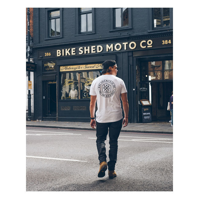 Bike Shed 384-386 Roundel T-Shirt White - FREE UK Shipping, FREE 365 Day Returns | Moto Central