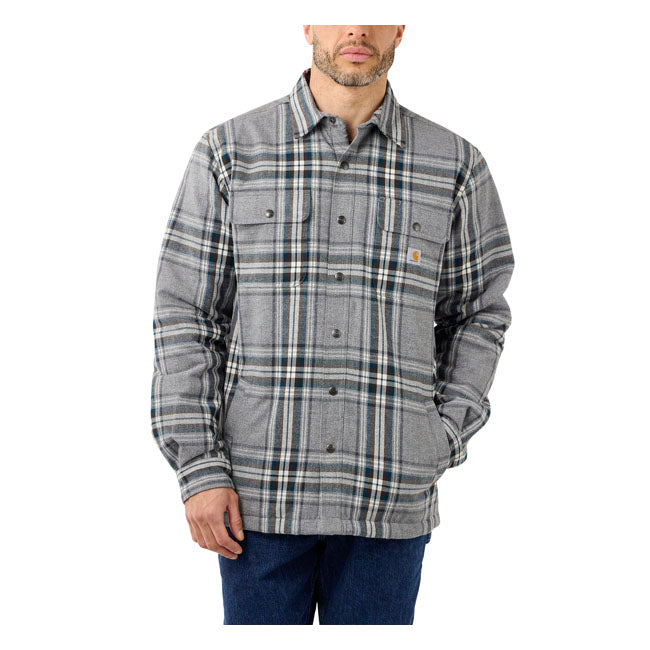 Carhartt Sherpa Lined Flannel Plaid Shirt Asphalt - FREE UK Shipping, FREE 365 Day Returns | Moto Central