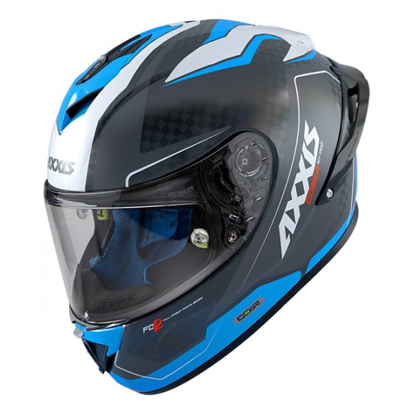 Axxis Cobra Rage A0 Carbon Full Face Helmet Gloss White / Blue Including Free Dark Visor & Pinlock