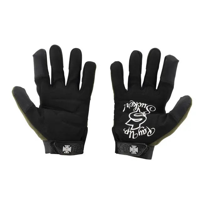 West Coast Choppers Pay Up Suckers Textile Gloves Olive / Black  - FREE UK Shipping, FREE 365 Day Returns | Moto Central