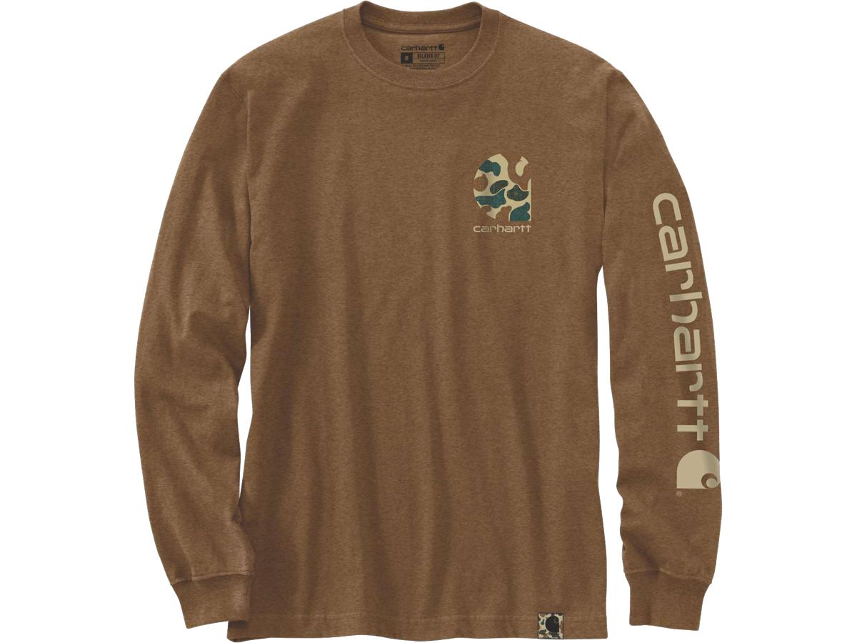 Carhartt Relaxed Fit Heavyweight Long Sleeves Camo Logo Graphic Shirt Oiled Walnut Heather