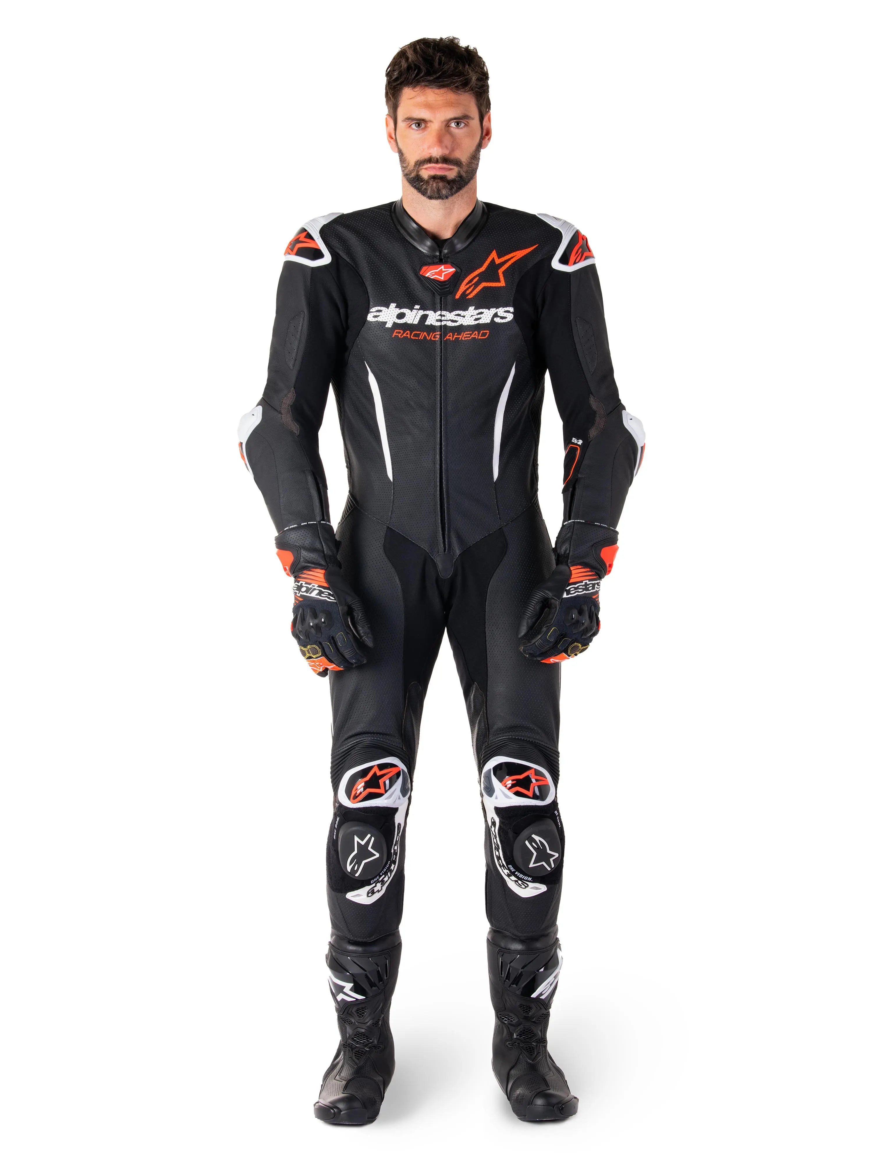 Alpinestars GP-R7 One Piece Leather Suit Black / White / Fluo Red  - FREE UK Shipping, FREE 365 Day Returns | Moto Central