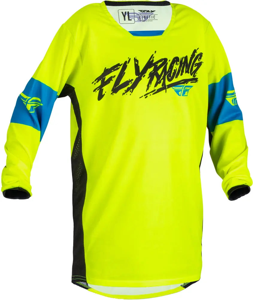 Fly Racing Kinetic Khaos Youth MX Jersey Black / Hi-Vis / Cyan - FREE UK Delivery, FREE 365 Day Returns | Moto Central