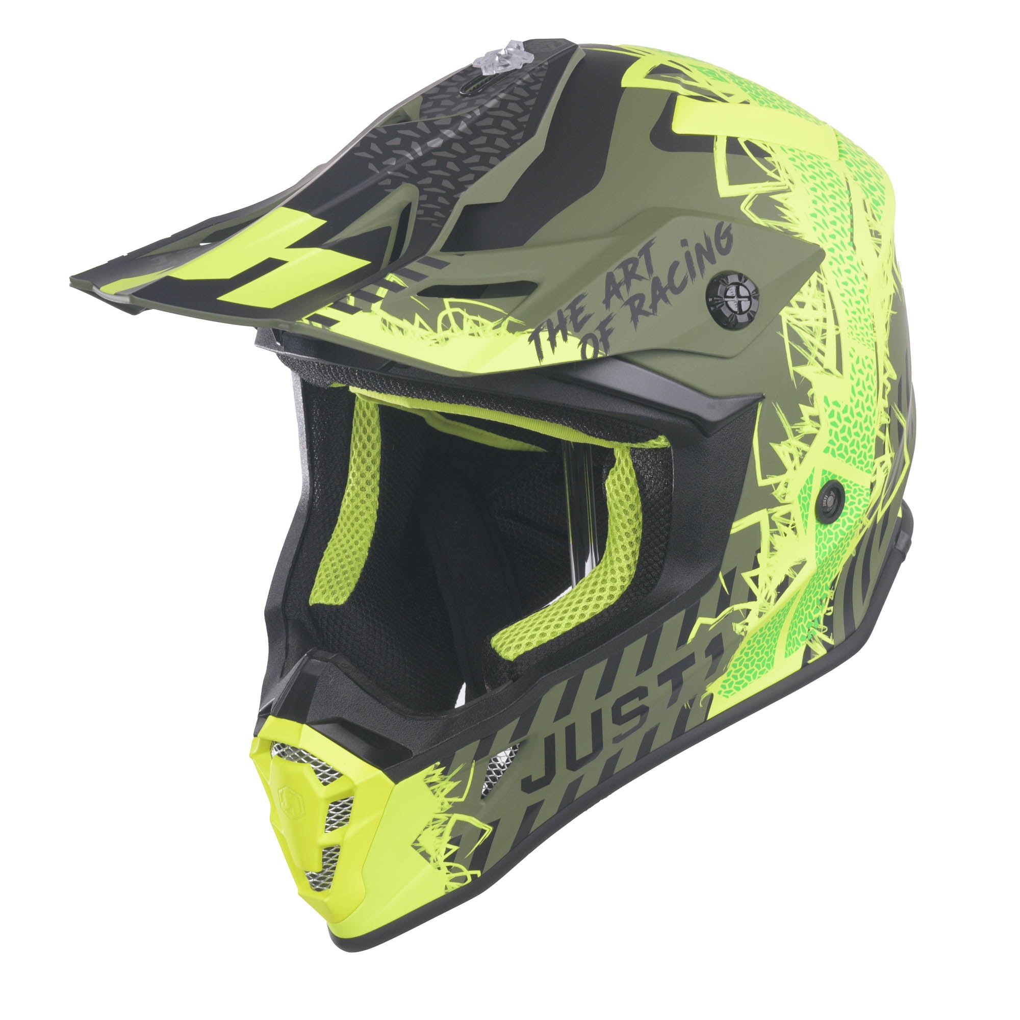 Just1 J38 MX Helmet Mask Fluo Yellow / Black / Matt Army Green - FREE UK Shipping, FREE 365 Day Returns | Moto Central