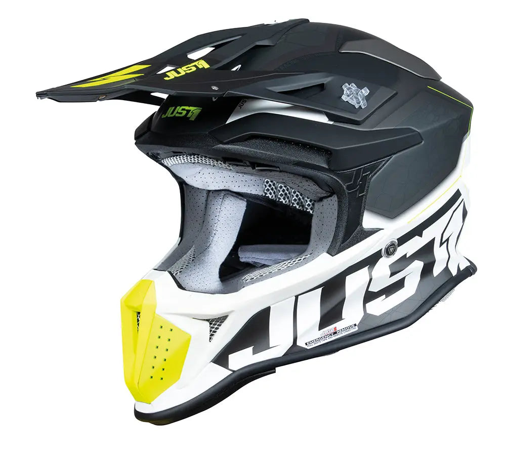 Just1 J18-F Motocross Helmet Hexa Black / Grey / Fluo Yellow / Matt White - FREE UK Shipping, FREE 365 Day Returns | Moto Central