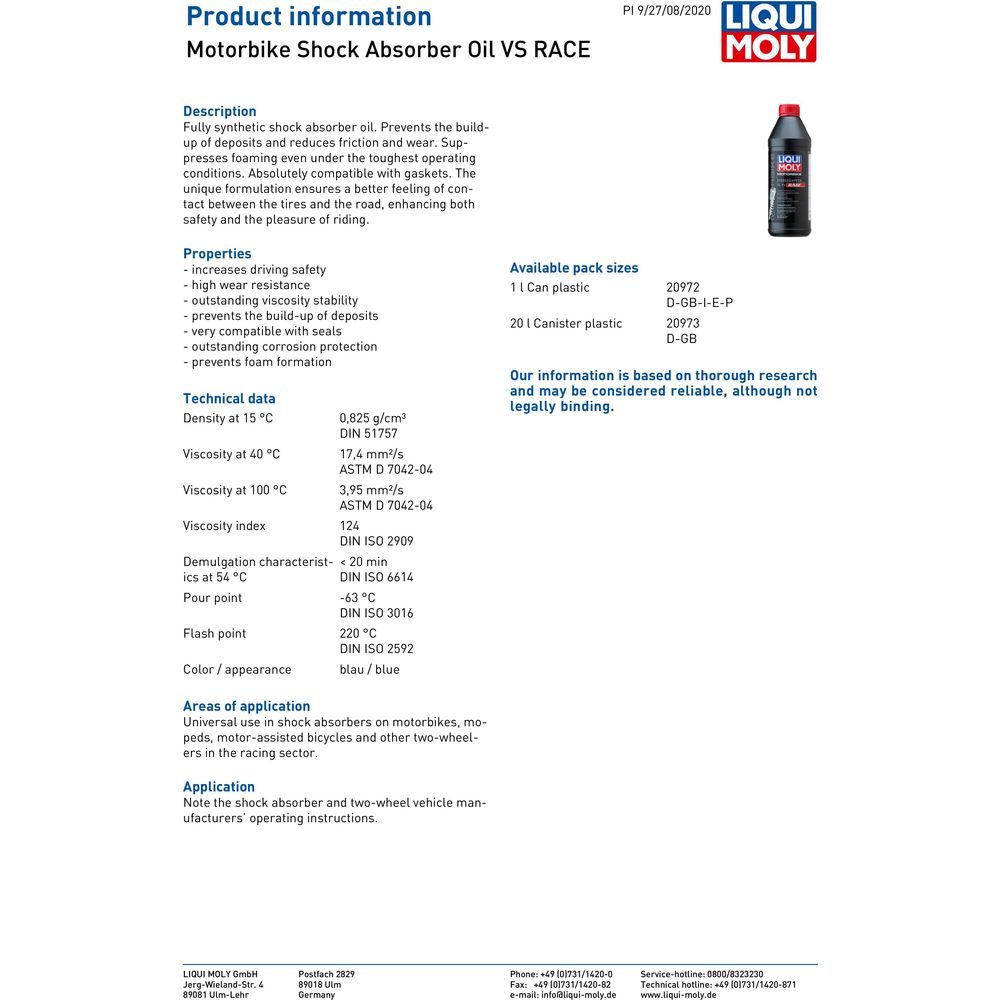 Liqui Moly Shock Absorber Oil Fully Synthetic VS Race