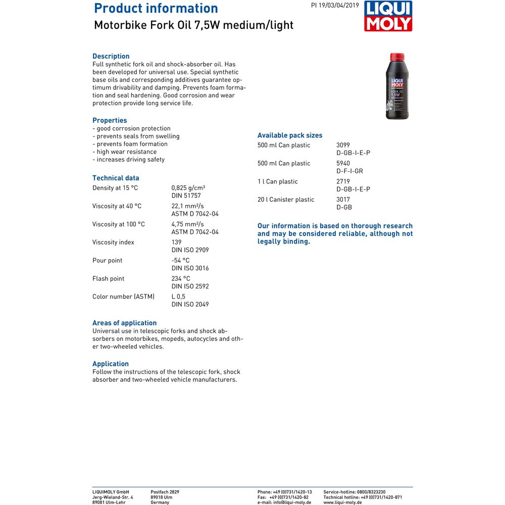 Liqui Moly 7.5W Medium / Light Fork Oil - 3017