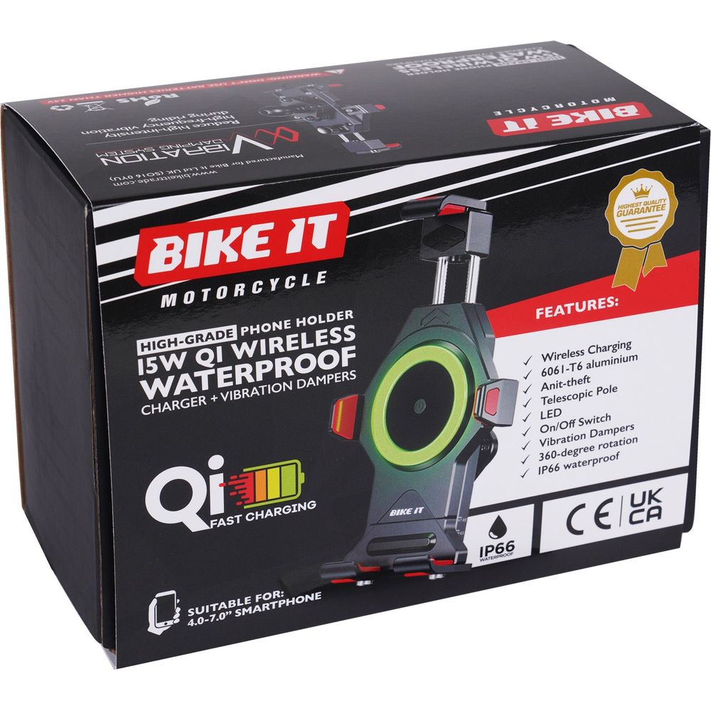 Bike It High Grade Phone Holder 15W QI Wireless Waterproof Charger & Vibration Dampers