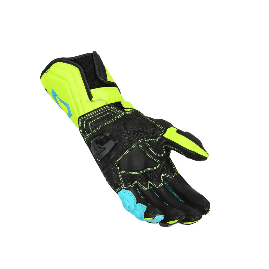 Macna Powertrack Leather Gloves Fluo Yellow / Black / Blue - FREE UK Shipping, FREE 365 Day Returns | Moto Central