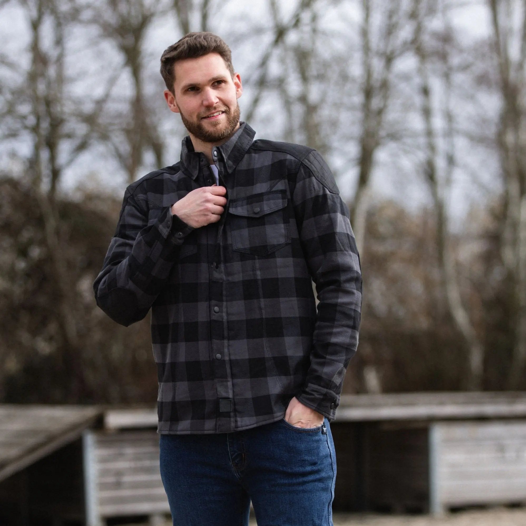 MotoBull Woody Flannel Textile Jacket Grey  - FREE UK Shipping, FREE 365 Day Returns | Moto Central