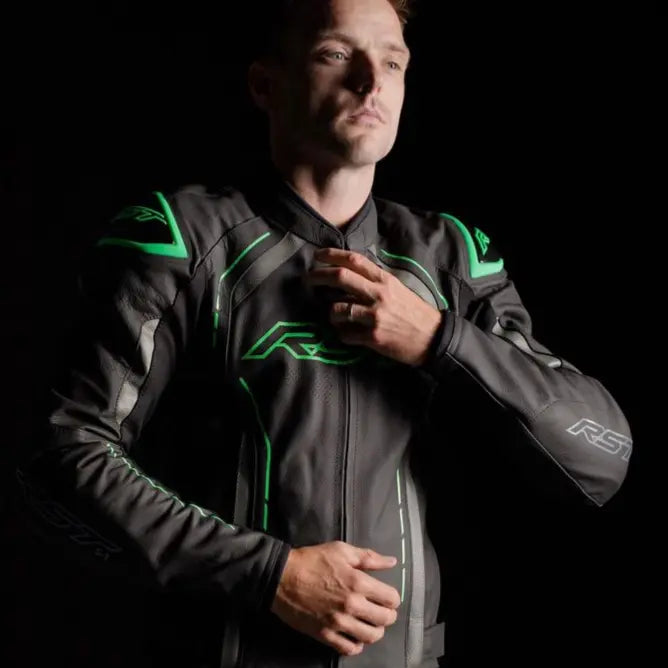 RST S1 CE Leather Jacket Black / Grey / Neon Green - FREE UK Shipping, FREE 365 Day Returns | Moto Central