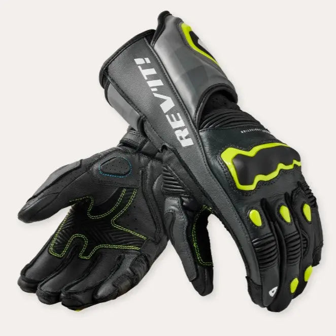 Revit Quantum 3 Leather / Textile Gloves Grey / Neon Yellow  - FREE UK Shipping, FREE 365 Day Returns | Moto Central