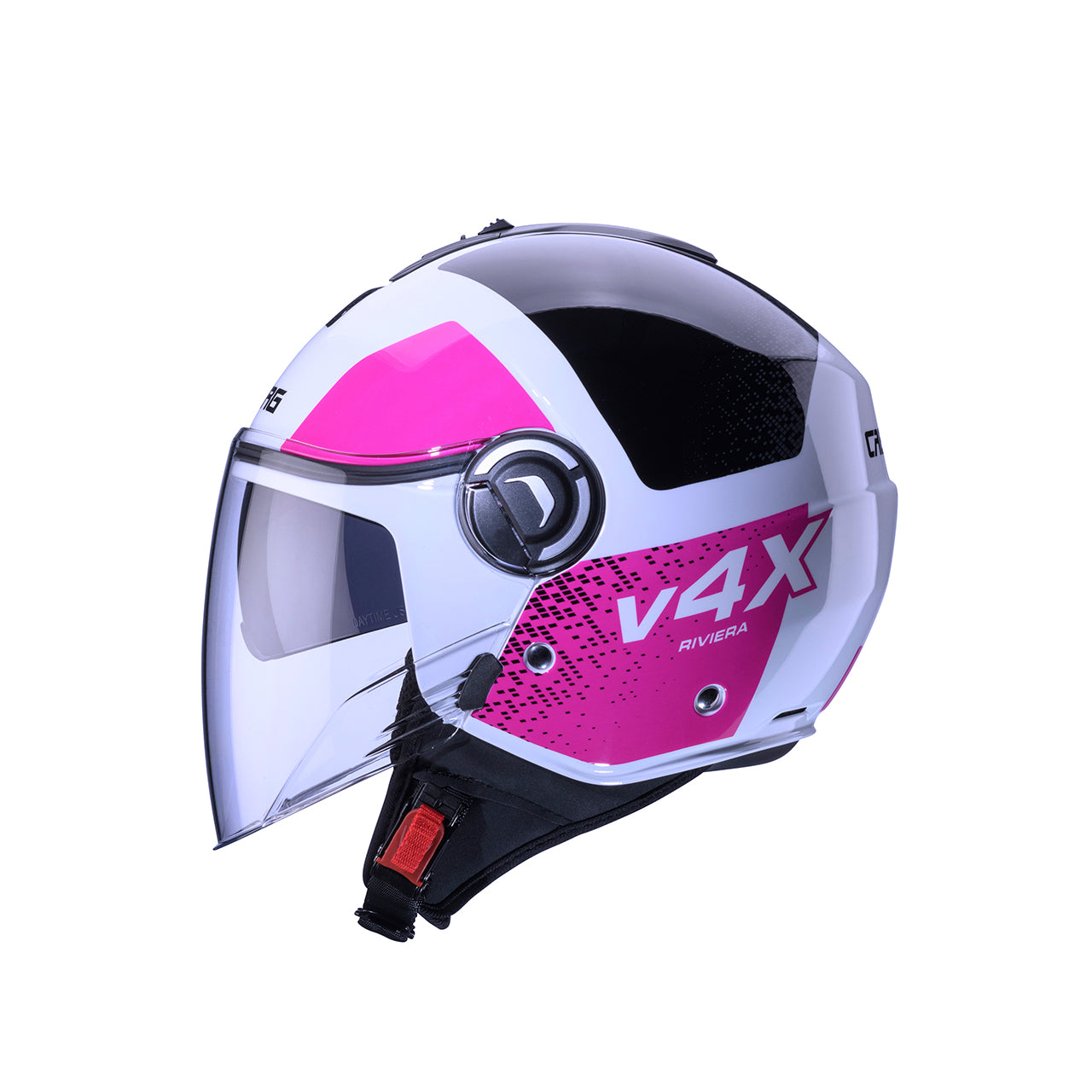 Caberg Riviera V4X Alpha Open Face Helmet White / Black / Fuchsia - FREE UK Shipping, FREE 365 Day Returns | Moto Central