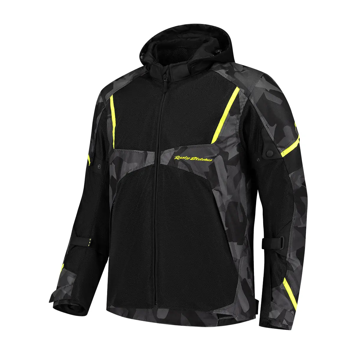 Rusty Stitches Carlo Textile Jacket Black / Camo / Fluo Yellow - FREE UK Shipping, FREE 365 Day Returns | Moto Central