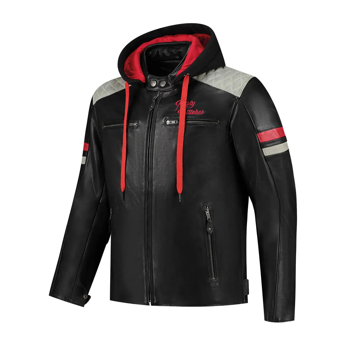 Rusty Stitches Jari Hooded V2 Leather Jacket Black / Light Grey / Red - FREE UK Shipping, FREE 365 Day Returns | Moto Central