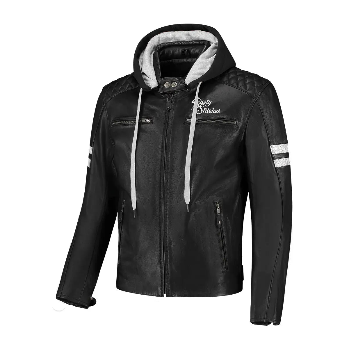 Rusty Stitches Jari Hooded V2 Leather Jacket Black / White - FREE UK Shipping, FREE 365 Day Returns | Moto Central