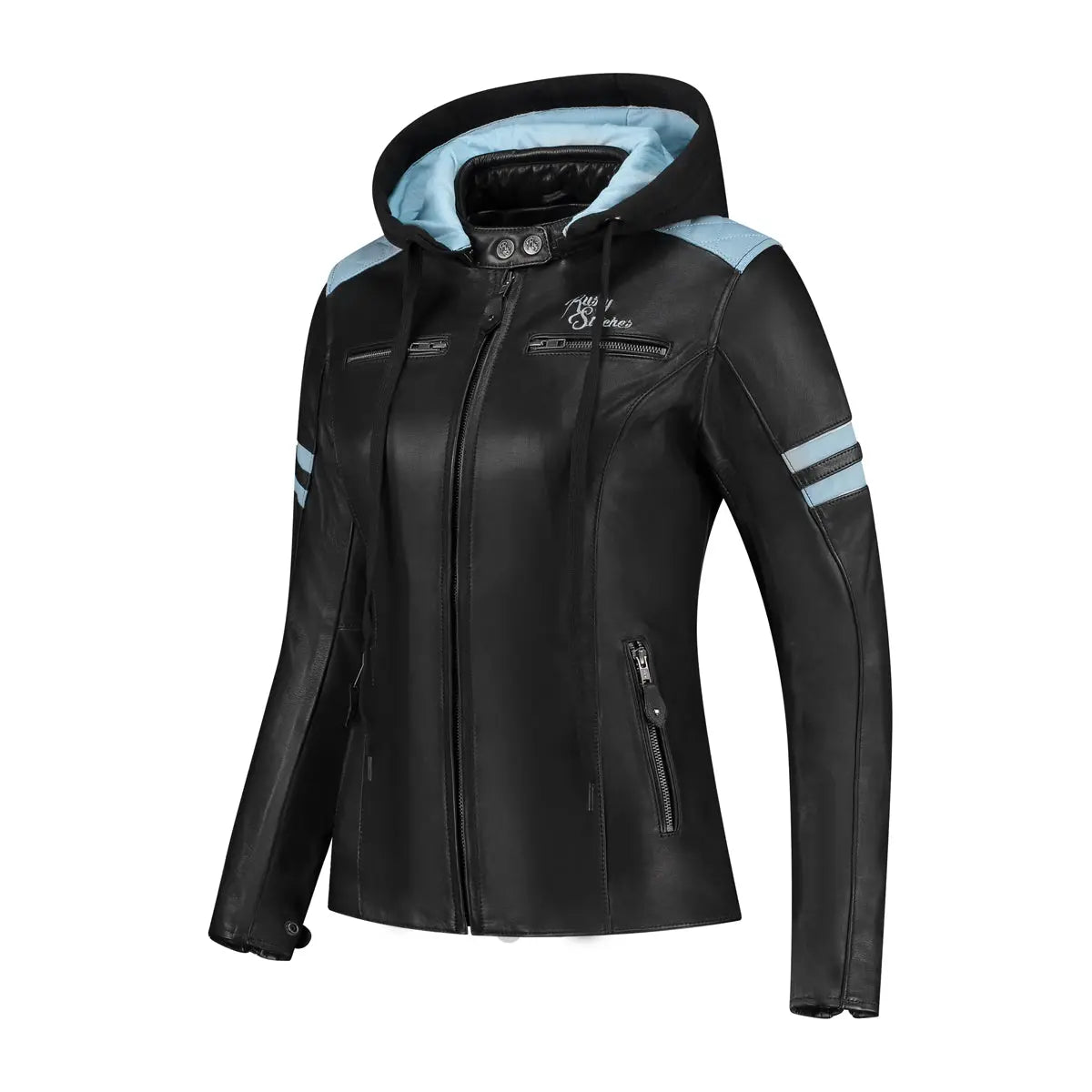 Rusty Stitches Joyce Hooded V2 Ladies Leather Jacket Black / Baby Blue - FREE UK Shipping, FREE 365 Day Returns | Moto Central