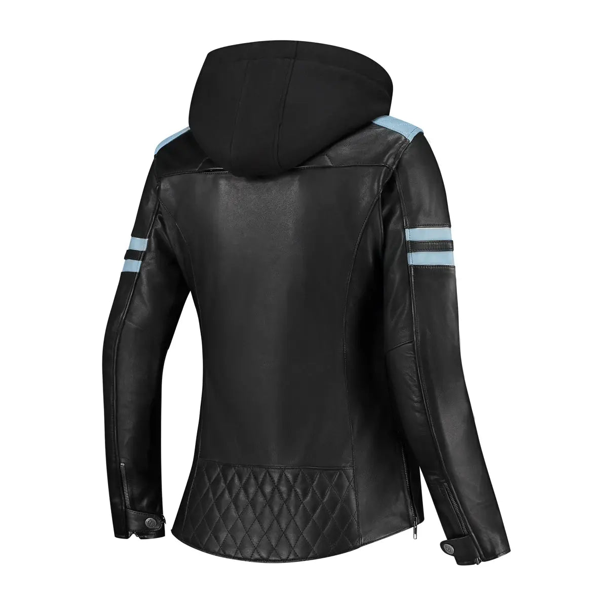 Rusty Stitches Joyce Hooded V2 Ladies Leather Jacket Black / Baby Blue - FREE UK Shipping, FREE 365 Day Returns | Moto Central