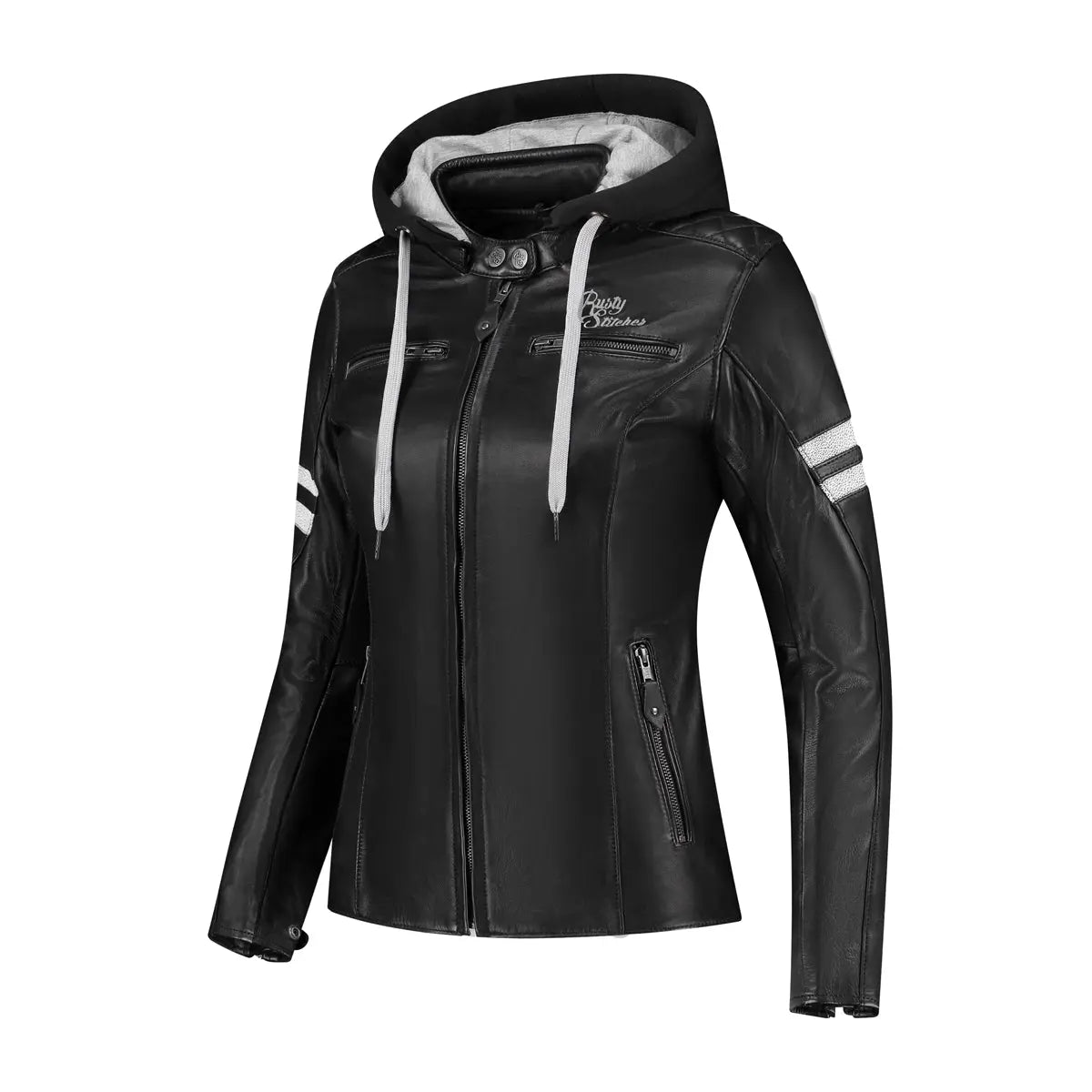 Rusty Stitches Joyce Hooded V2 Ladies Leather Jacket Black / White - FREE UK Shipping, FREE 365 Day Returns | Moto Central