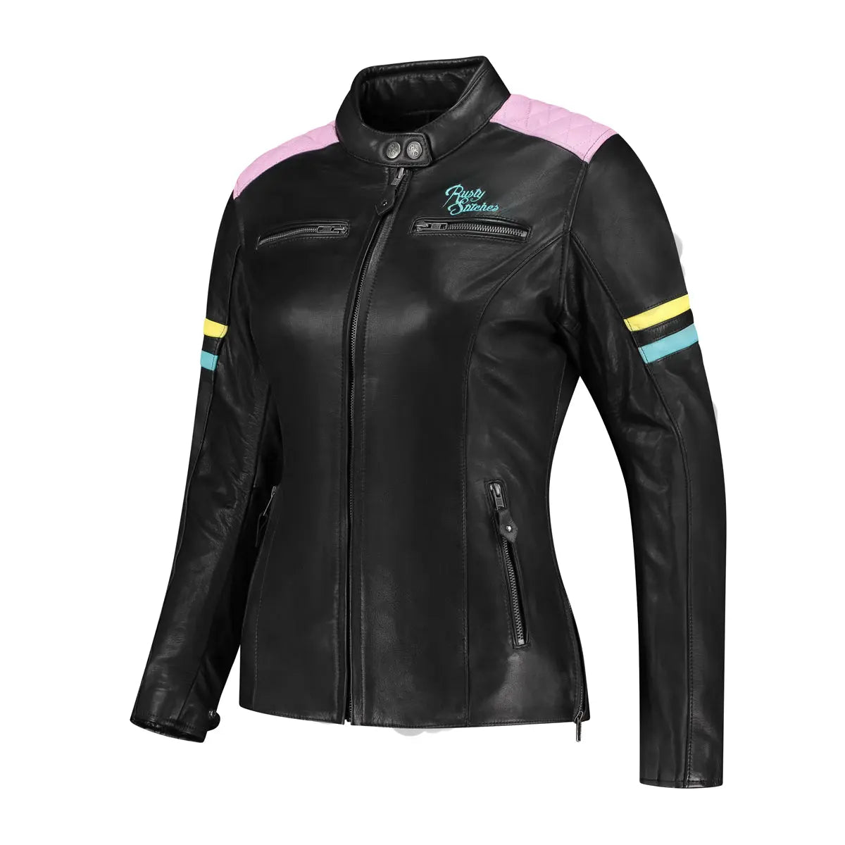 Rusty Stitches Joyce V2 Ladies Leather Jacket Black / Pastel - FREE UK Shipping, FREE 365 Day Returns | Moto Central