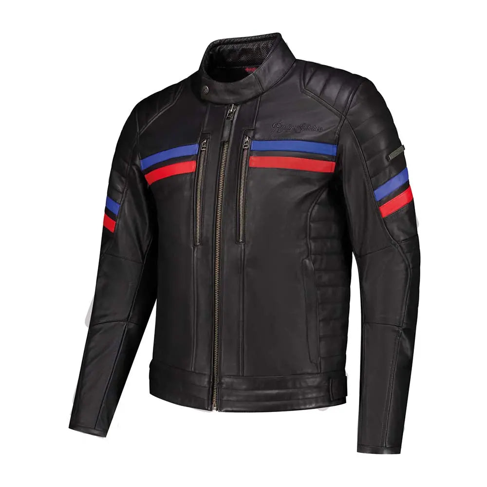 Rusty Stitches Steve Leather Jacket Black / Red / Blue - FREE UK Shipping, FREE 365 Day Returns | Moto Central