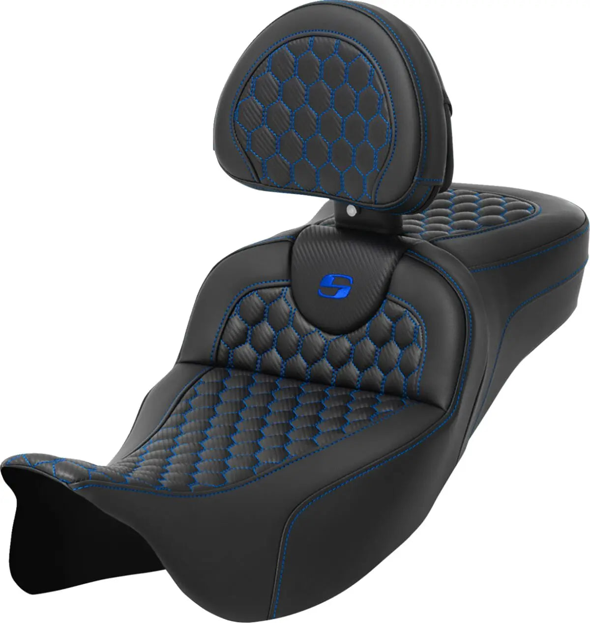 Saddlemen Honeycomb Roadsofa Blue Stitching Seat With Backrest Black / Blue - FREE UK Shipping, FREE 365 Day Returns | Moto Central