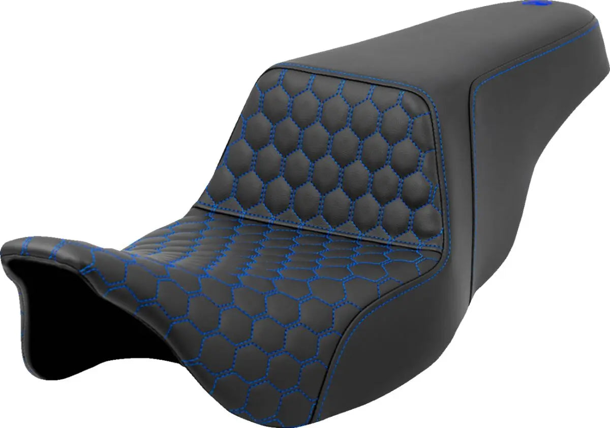 Saddlemen Honeycomb Step-Up Blue Stitching Touring Seat Black / Blue - FREE UK Shipping, FREE 365 Day Returns | Moto Central