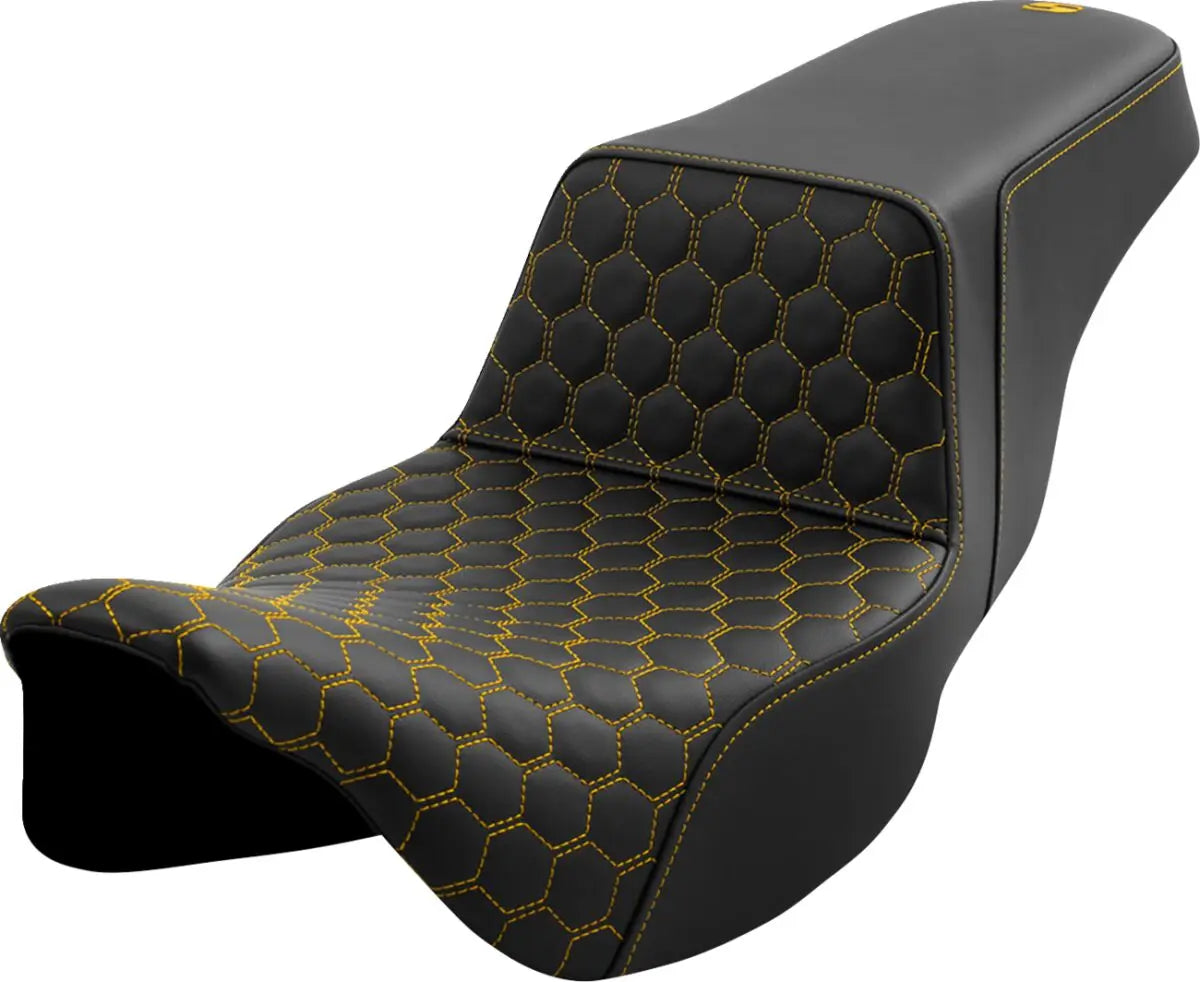 Saddlemen Honeycomb Step-Up Gold Stitching Exteded Reach Seat Black / Gold - FREE UK Shipping, FREE 365 Day Returns | Moto Central