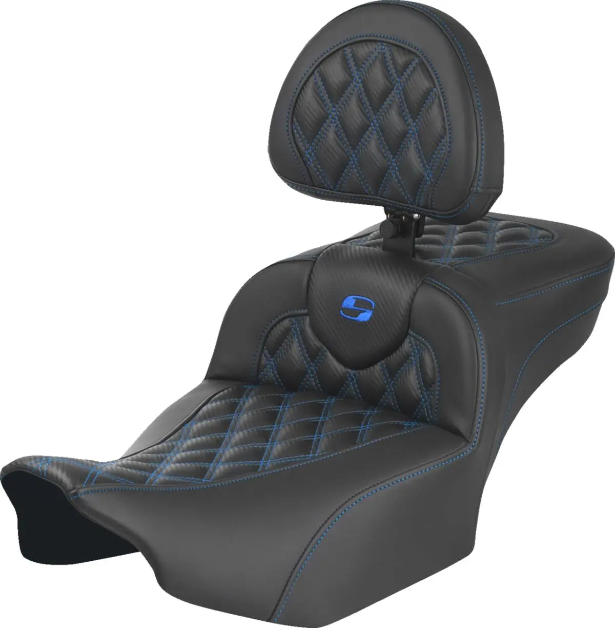 Saddlemen Roadsofa Extended Reach Blue Stitching / Lattice Stitched Seat With Backrest Black / Blue - FREE UK Shipping, FREE 365 Day Returns | Moto Central