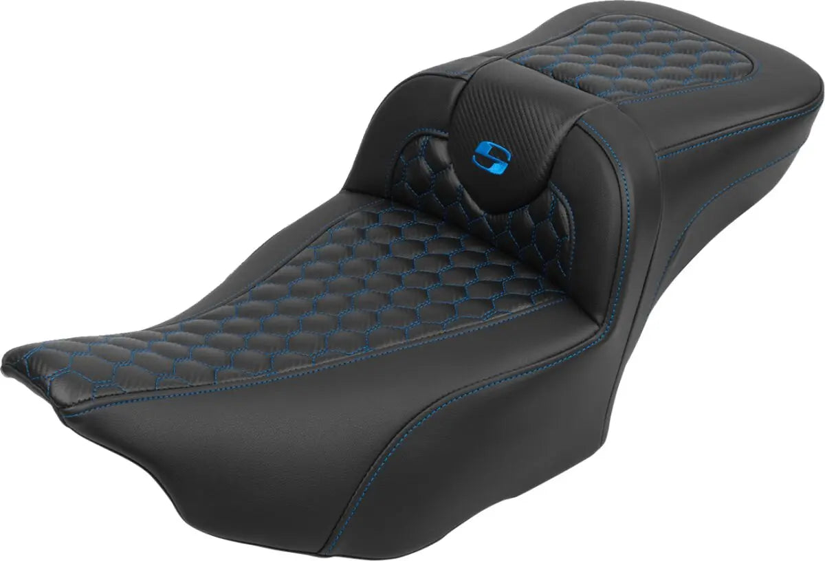 Saddlemen Roadsofa Extended Reach Blue Stitching Seat With Backrest Black / Blue - FREE UK Shipping, FREE 365 Day Returns | Moto Central