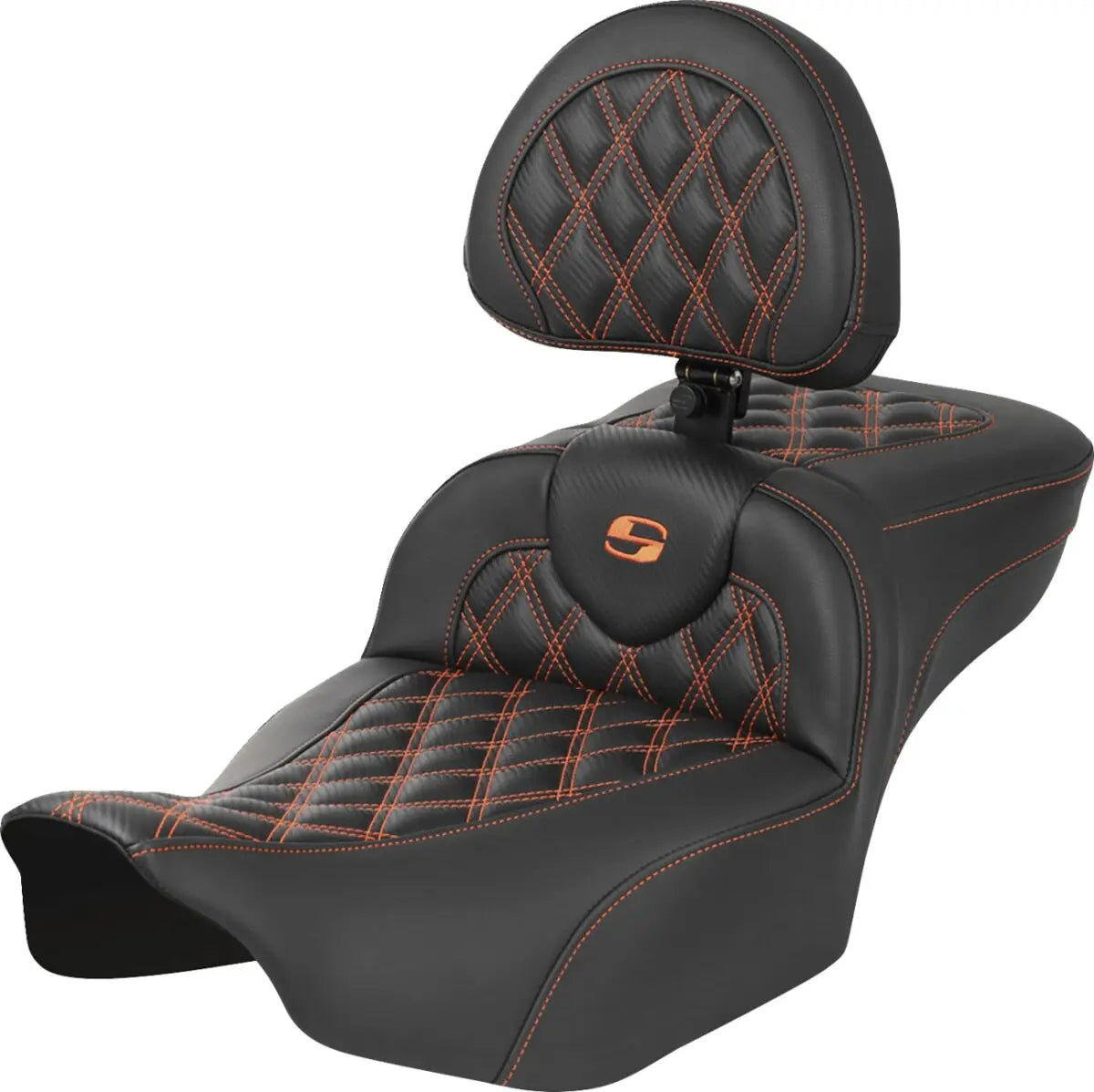 Saddlemen Roadsofa Extended Reach Lattice Stitched / Orange Stitching Seat With Backrest Black / Orange - FREE UK Shipping, FREE 365 Day Returns | Moto Central