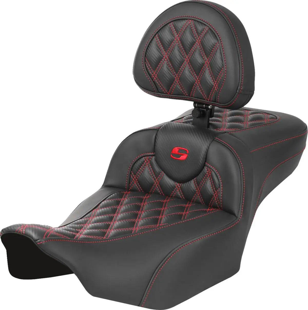 Saddlemen Roadsofa Extended Reach Lattice Stitched / Red Stitching Seat With Backrest Black / Red - FREE UK Shipping, FREE 365 Day Returns | Moto Central