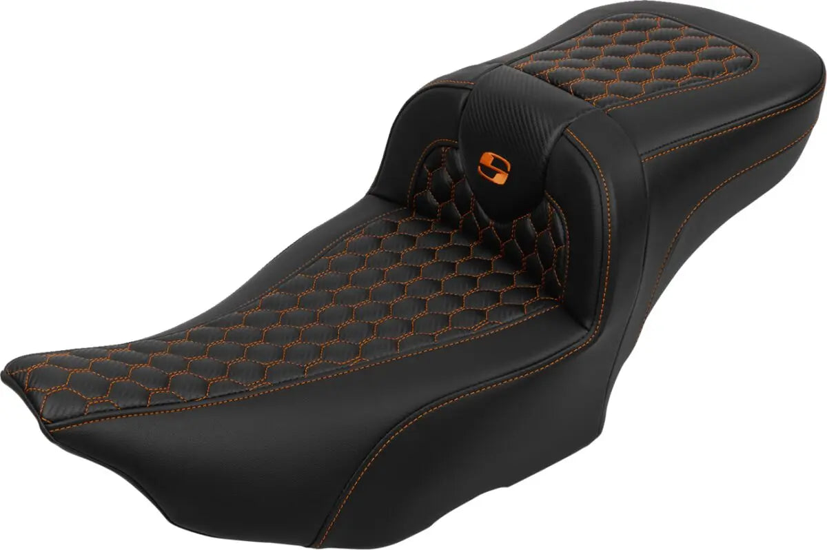 Saddlemen Roadsofa Extended Reach Orange Stitching Seat With Backrest Black / Orange - FREE UK Shipping, FREE 365 Day Returns | Moto Central